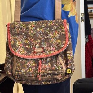 Sakroots Brown Floral Convertible Shoulder Bag with Coral Trim